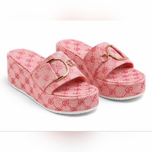 Pink Platform Slide Sandals with Gold Buckle